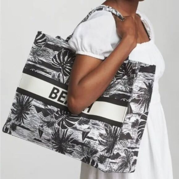 London Fog Beach Canvas Tote Bag - Black & White Tropical Palm NEW Ltd Edition - Picture 3 of 12